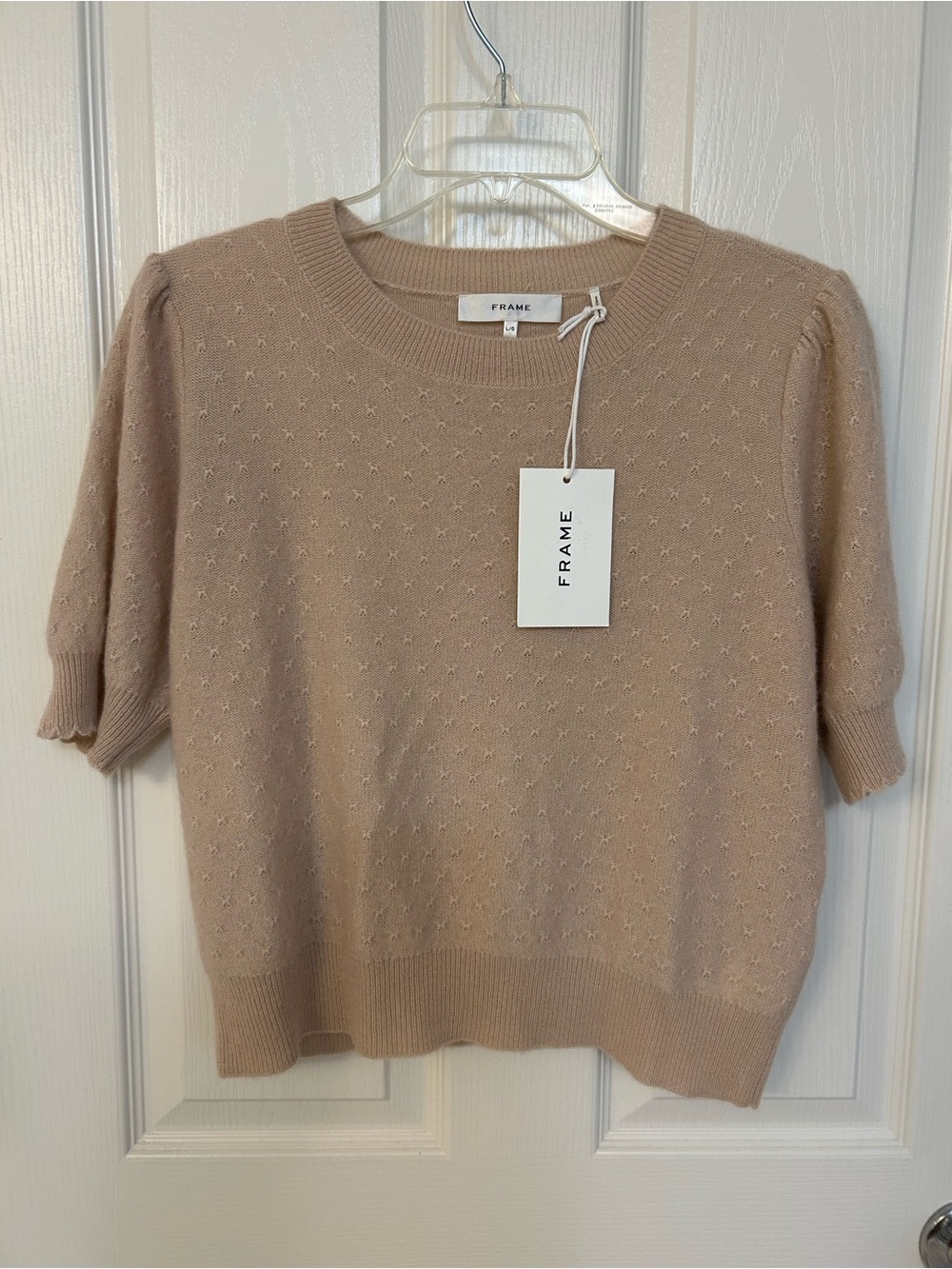 Frame Puff Sleeve Pointelle Cashmere Sweater in Pink Sand Size L - Picture 7 of 10